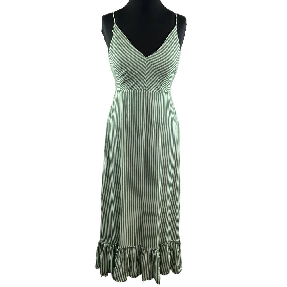 Forever 21 Green/White Striped Cami Maxi Dress Smocked Open Back Casual Ruffle M